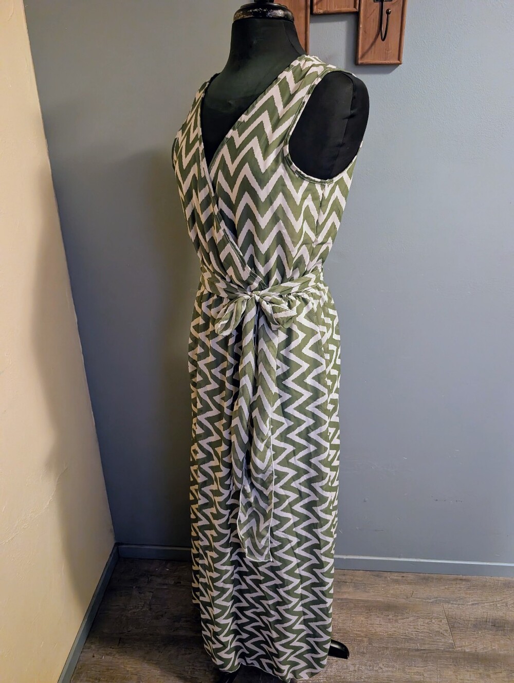 Espresso Olive Green and White Zig Zag Wrap Maxi Dress